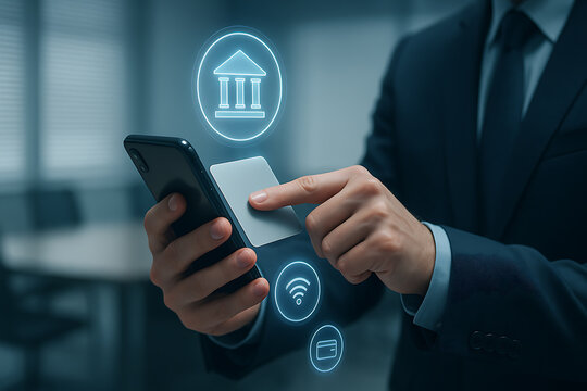 Digital bank icon hologram above smartphone finance | Ícone de banco digital holograma acima de smartphone finanças