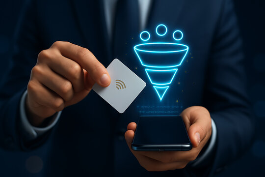 Digital funnel hologram with credit card and smartphone | Funil digital holograma com cart&atilde;o de cr&eacute;dito e smartphone