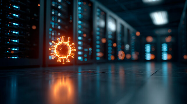 Virus impacting data center servers, cybersecurity issues, pandemic related digital impact.