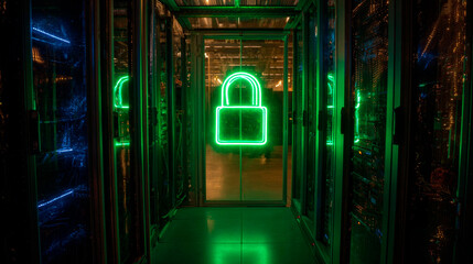 Secure server room with digital padlock representing data protection and cybersecurity measures.
