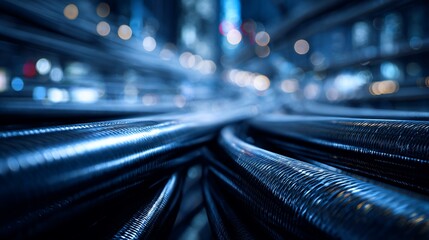 Abstract blurry city cables stretching into glowing bokeh, electric blue tones