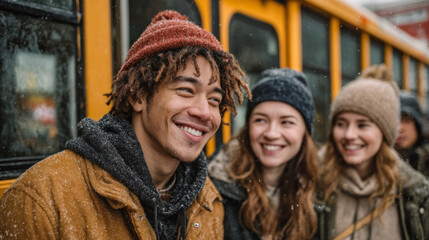 Joyful friends laughing on a snowy winter day