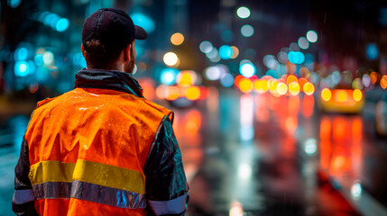 Fototapeta premium City worker wearing safety vest amidst blurred lights of rainy city street at night.