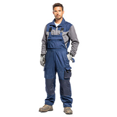 Naklejka premium A man in overalls and gloves poses against a black background wearing dirty working boots.