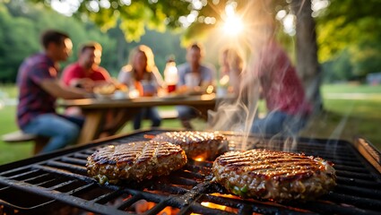 Friends enjoying a summer barbecue with burgers grilling on the barbecue