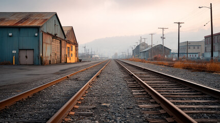 Fototapeta premium Abandoned industrial district with rusted warehouse and railway tracks