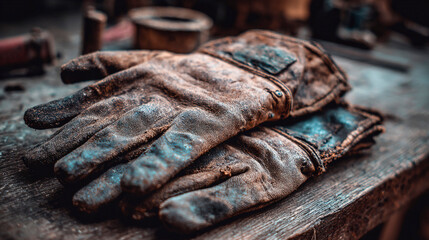 Well-worn work gloves show signs of use, resting on a wooden workbench in a workshop setting.