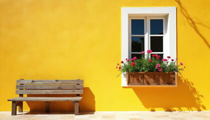 Rustic wooden bench sits before vibrant yellow wall with white-trimmed window featuring wooden flower box filled with pink geraniums. Sunlight casts long shadows, creating bright, minimalist scene