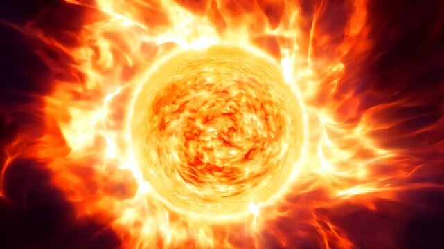 Volcanic sun core animation with fiery filaments and corona glow bleeds