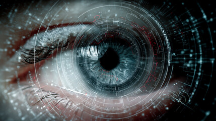 Eye with overlay of digital interface elements suggesting futuristic technology or vision enhancement.