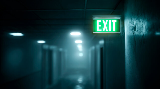 A glowing exit sign in a dimly lit hallway casts a sense of urgency and uncertainty.