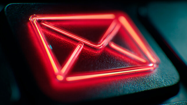 Close-up of a glowing red envelope icon, likely on a keyboard, suggesting email or communication.