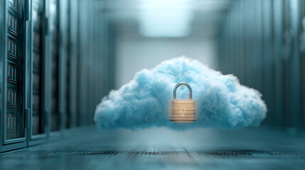 Cloud security: padlock rests on a blue cloud in a server room, illustrating data protection