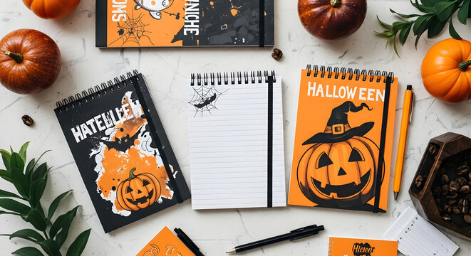Creative workspace for Halloween planning with spooky themed notebooks and festive pumpkins on a desk