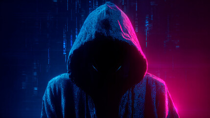An anonymous figure wearing a hooded top stands ominously against a digital backdrop.