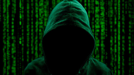 Anonymous figure in a hooded sweatshirt standing against a background of falling binary code.