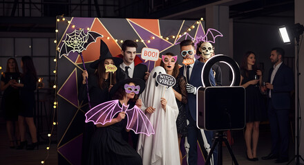 A whirlwind of fun as a diverse group of friends in festive costumes capture silly memories in a Halloween photo booth.