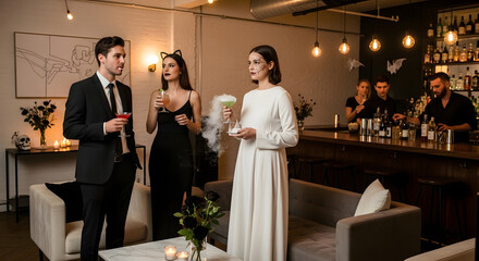Stylish group of friends in festive costumes socializing and enjoying smoking cocktails at a chic Halloween party