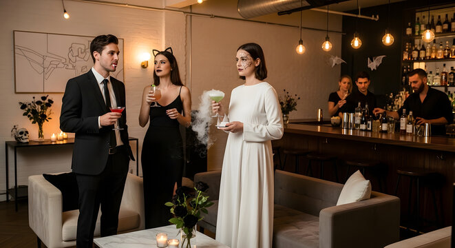 Stylish group of friends in festive costumes socializing and enjoying smoking cocktails at a chic Halloween party