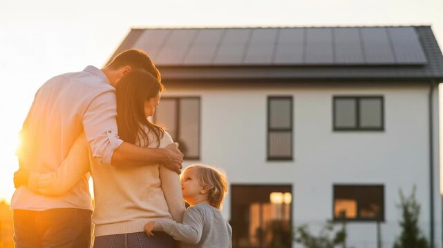 Young happy Caucasian family embracing while looking at their new house with solar panels