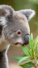 Fototapeta premium Koala sniffing eucalyptus leaves in australian wildlife close-up