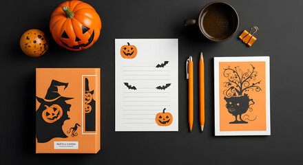 Preparing for a spooky celebration with a Halloween-themed creative desk setup, featuring a letter, notebook, and jack-o-lantern.