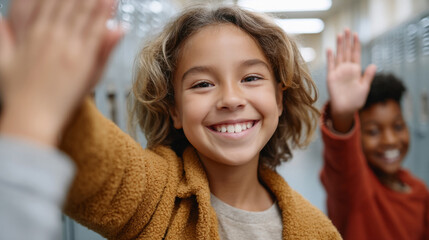 Joyful schoolchildren giving high fives in bright hallway setting