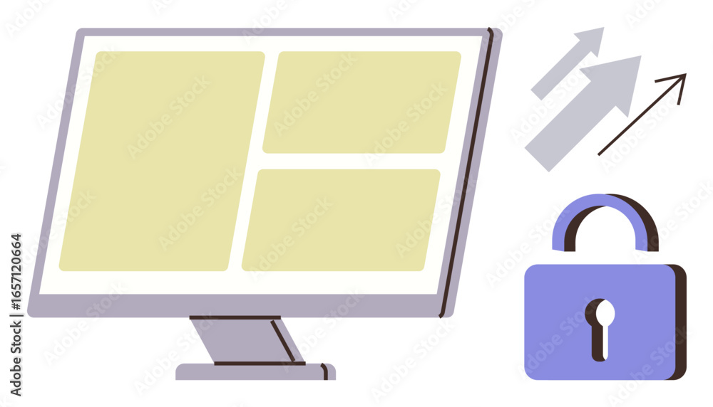 Poster computer monitor with a grid layout, upward arrows symbolizing growth, and a locked padlock. ideal f