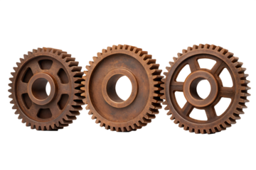Three Rusty Metal Gears, Industrial Cogwheels, Isolated on White Background, Symbolizing Mechanics and Engineering