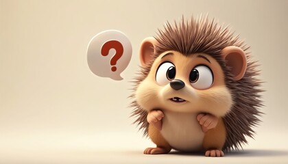 Cute cartoon hedgehog with big eyes looks confused, question mark in speech bubble above head. Small prickly mammal with brown fur, white background. Ideal for children stories, nature education,