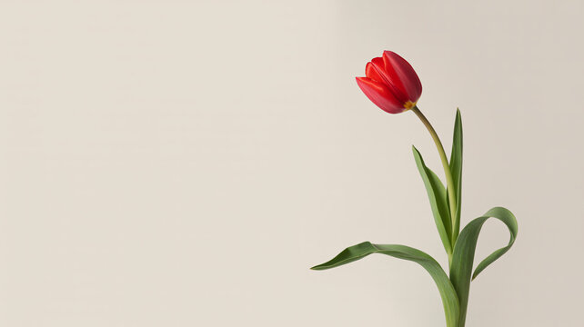 Elegant single red tulip with green leaves against soft neutral background, symbolizing natural beauty