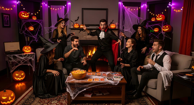 Young friends in spooky costumes enjoying a Halloween game night party in a decorated living room