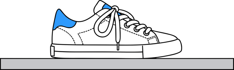 Casual white sneaker with blue accents on a gray surface  