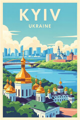 Vintage travel poster, Kyiv , Ukraine, art in the style of retro illustration