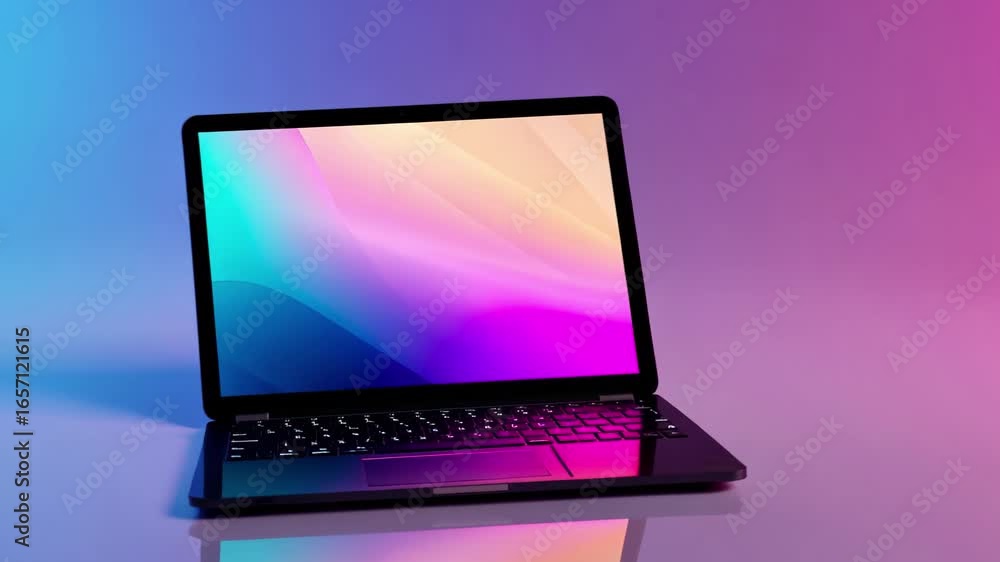 Poster Discovering a sleek modern laptop with vibrant display and stylish design in a colorful setting