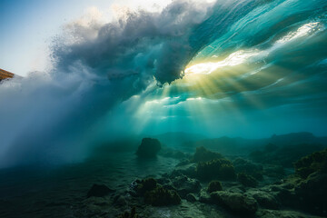 Underwater view of crashing wave with sunlight piercing through the water in the ocean scene view