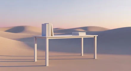 Fotobehang Pantone 2025 Mocha Mousse Desk in desert landscape surreal concept with books study education reading learning knowledge sand dunes  © Sameera