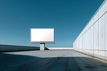 Large blank billboard standing on building rooftop with blue sky