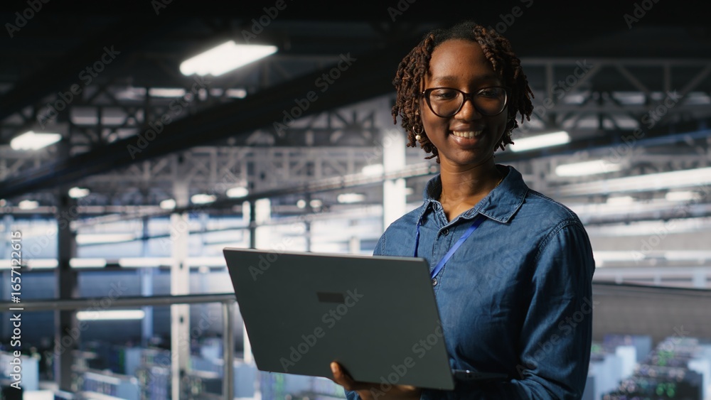 Poster portrait of joyful computer scientist in data center monitoring neural network llm visualization. up