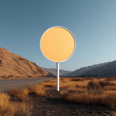 Round yellow blank road sign in desert landscape with mountains and highway