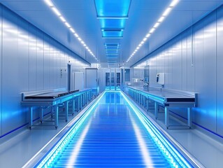 Fototapeta premium An automated production line illuminated by alternating blue and white LED panels, creating a clean and futuristic atmosphere