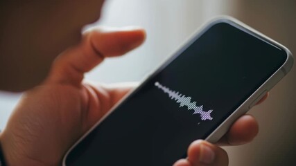 Male person holding a smartphone showing a voice message waveform on the screen - Powered by Adobe