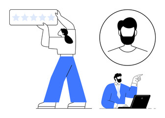 Woman holding rating bar with stars, male profile in circle, man pointing at laptop screen. Ideal for feedback systems, user ratings, collaboration, online reviews, evaluations, interaction simple