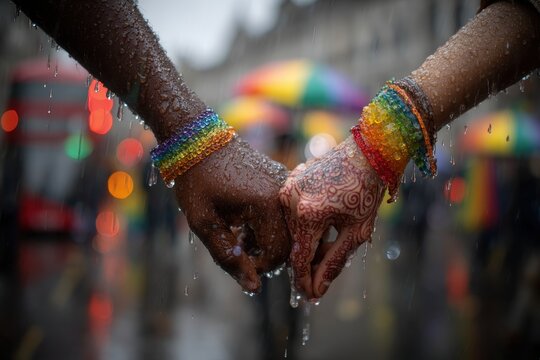 Diverse Hands in Rain, Adorned with Rainbow Bracelets, Symbolizing Pride and Unity.