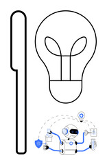 Robot performing various tasks with lightbulb symbol for creativity. Ideal for artificial intelligence, innovation, multitasking, technology, brainstorming, automation, futuristic concepts, simple