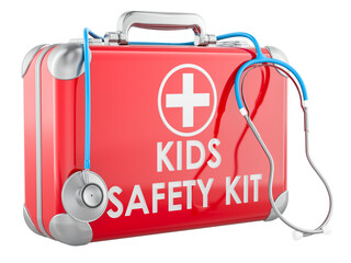 Kids safety aid kit with stethoscope. 3D rendering