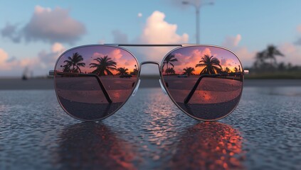 A picturesque tropical sunset with palm trees beautifully mirrored in the lenses of stylish aviator sunglasses on a wet road