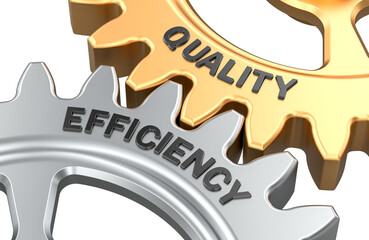 Quality and Efficiency, gears connection. 3D rendering