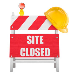 Site Closed concept with construction barrier and helmet. 3D rendering