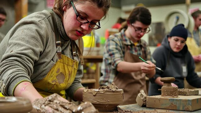 Creative pottery workshop featuring students shaping clay in a collaborative studio environment